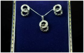 9ct White Gold Black & White Diamond Earrings & Pendant Set, In The Form Of Interlocking Circles,