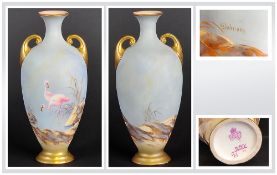Royal Worcester Small Ovoid Vase, hand painted and signed G. Johnson, with a pair of flamingos