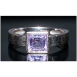 Modern 18ct White Gold Set Square Cut Single Stone Amethyst Ring, The Amethyst of Good Colour and