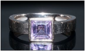 Modern 18ct White Gold Set Square Cut Single Stone Amethyst Ring, The Amethyst of Good Colour and