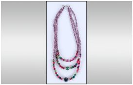 Red and Green Agate Triple Row Necklace, the front section of the three graduated rows comprising