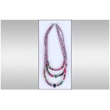 Red and Green Agate Triple Row Necklace, the front section of the three graduated rows comprising