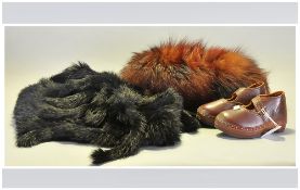 Collection Of Fur Items Including stole & hat. Together with a pair of clogs.