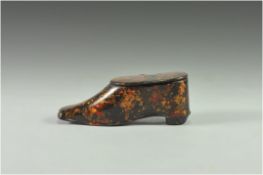 George III Paper Mache Snuff Box, In The Form of a Ladies Shoe. Height 1.25 Inches, Length 3.75