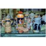 Collection of German Steinware Tankards (9) in total. Together with a German Boot Ornament and