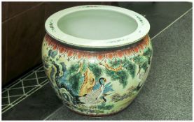 Large Chinese Pottery Fish Bowl, Decorated To The Body In Coloured Enamel's Depicting Storks Amongst