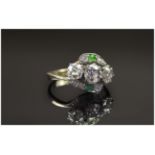 Ladies 1920's Fine 18ct White Gold Set 3 Stone Diamond Ring. Framed with Emeralds and Diamonds to