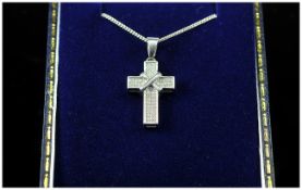 Silver Cross And Chain, Set With A Cluster Of Small Round Cut Diamonds Complete With Box