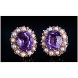 9ct Gold Amethyst & Pearl Stud Earrings, Boxed