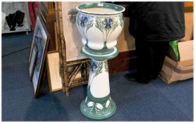 Mintons Secessionist Art Nouveau Large Jardiniere And Stand with stylized blue flowers on white