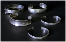 5 Silver Bangles To Include Mexico Planished 925 Silver, Mostly 20thC