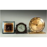 Three Mid 20thC Mantle Clocks Comprising An Art Deco Square Clock, Bakelite And A Brass Cased