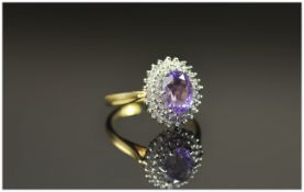 Ladies 9ct Gold Amethyst & Diamond Cluster Ring diamond weigh 25pts. Amethyst of good colour,