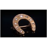 18ct Gold Diamond & Pearl Horse Shoe Brooch, In Box Stamped 18ct