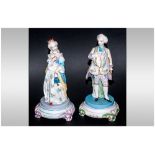 Pair of French Hand Painted Parian Figures of a lady and gentleman in 18thC courtly French dress,