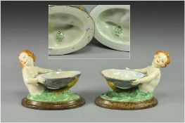 Royal Worcester Fine Pair of Hand Painted Figural Pin Dishes, In The Form of Two Mermaids Holding