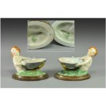 Royal Worcester Fine Pair of Hand Painted Figural Pin Dishes, In The Form of Two Mermaids Holding