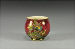 Crown Devon Lustrine Ruby Small Bowl. c.1920's. Exotic Bird Decoration. Height 3 Inches, Diameter