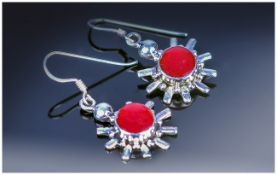 Silver Drop Earrings Set With A Central Coral Coloured Cabochon Complete With Fitted Box