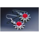 Silver Drop Earrings Set With A Central Coral Coloured Cabochon Complete With Fitted Box