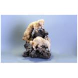 Taxidermy Figure Group Of Blonde Minks On Wooden Base.