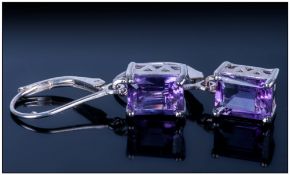 Amethyst Lever Back Drop Earrings, octagon cut purple amethysts, 3cts set in silver lever back