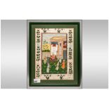 Framed Oriental Painting on Silk depicting a Japanese garden scene with vibrant colouring and floral