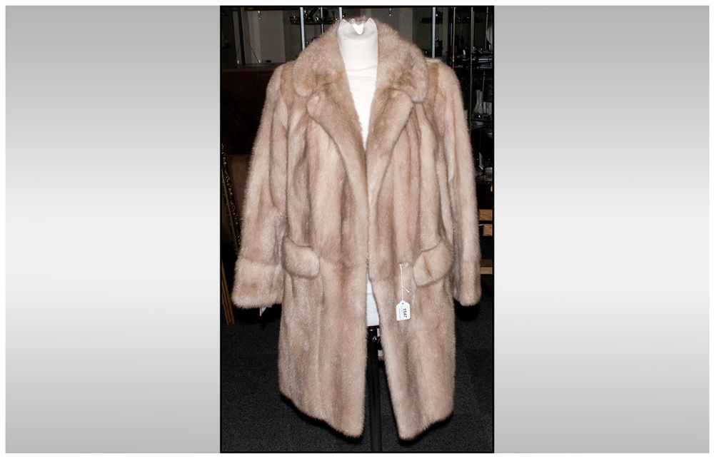 Ladies Blonde Mink Three Quarter Length Coat, Fully lined. Collar with revers, Half belt back.