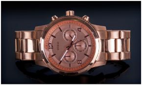Guess - Gents Quartz Rose Gold Plated Chronograph Wrist Watch. Model No.W17004LI. Complete with Box.