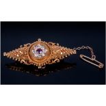 Victorian - Fine 18ct Gold Diamond and Ruby Set Brooch + Safety Chain. Hallmark London 1890. The