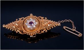 Victorian - Fine 18ct Gold Diamond and Ruby Set Brooch + Safety Chain. Hallmark London 1890. The