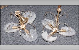 Pair of Contemporary Brass Chandeliers with 3 Arms with Glass Shades in the form of a Clam Shell.