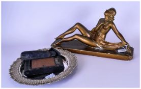 1930's Plaster Figure Of Reclining Lady together with plated bread dish & two cased cameras