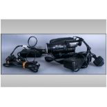 Box Of Cameras & Camera Equipment including Panasonic S-VHS-C Movie Camera, JVC Power Adapter,