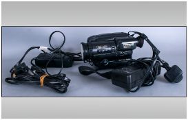 Box Of Cameras & Camera Equipment including Panasonic S-VHS-C Movie Camera, JVC Power Adapter,
