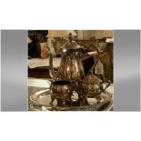 Silver Plated Tea Service comprising tea pot, two handled sugar bowl, milk jug & tray.