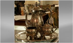Silver Plated Tea Service comprising tea pot, two handled sugar bowl, milk jug & tray.