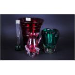 Four Pieces of Glass comprising cranberry glass, Murano small vase, bud vase and ruby red glass