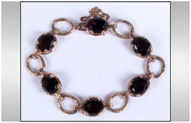 withdrawn 9ct Gold Smoky Quartz Bracelet, Textured Links Set With 6 Oval Smoky Quartz, Complete With