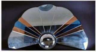 1950's Art Deco Style Mirror, Fan Shaped Sectional Mirror With Peach And Blue Coloured Segments,