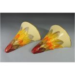 Grays - Pottery Art Deco Pair of 1930's Fan Shaped Wall Pockets, With Multi- Coloured Leaf