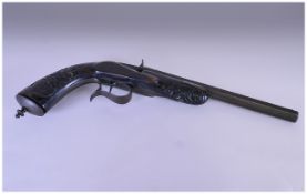 19thC Rimfire Pistol, Octagonal Steel Barrel With Acanthus Scroll Carved Wooden Stock, Aparrently