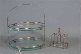 Silver Plate and Glass Two Tier Cakestand, two clear glass ovals in a simple plated stand, 9.75