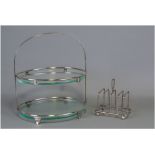 Silver Plate and Glass Two Tier Cakestand, two clear glass ovals in a simple plated stand, 9.75