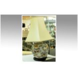 Oriental Style Ceramic Table Lamp, Base decorated with figures in garden settings. With cream shade.