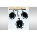 Black Agate Pendant and Earrings Set, an oval cabochon black agate, 1.25 inches high, set in a