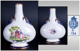 Royal Worcester Hand Finished Two Mask Handle Flask Vase. Date 1899. Unsigned, Stand 6 Inches High.