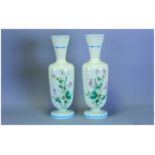 Pair Of French Opaline Type Enamelled Glass Vases, depicting flowers with butterflies. Pale green