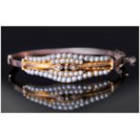 Victorian Ladies 9ct Rose Gold Seed Pearl Set Bangle, with Safety Chain. c.1880's. 8.7 grams.