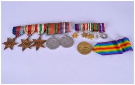 WW2 Interest, Comprising 5 Medals On Bar Plus Miniatures, Defence Medal, War Medal, 39-45 Star,